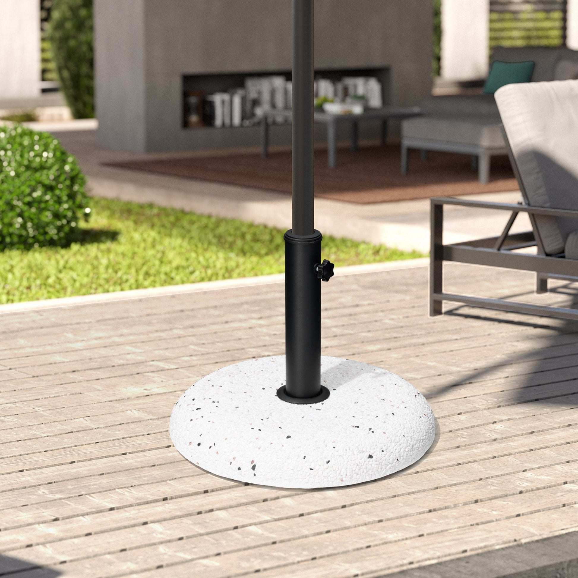 Pebble white 45 lbs heavy duty round cement umbrella base on a wooden deck.