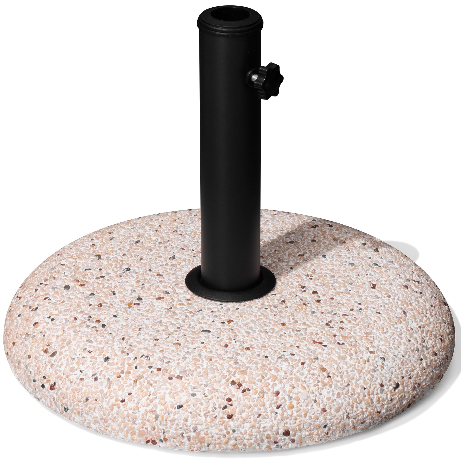 45 lbs pebble white round cement market umbrella base with cobble pattern.