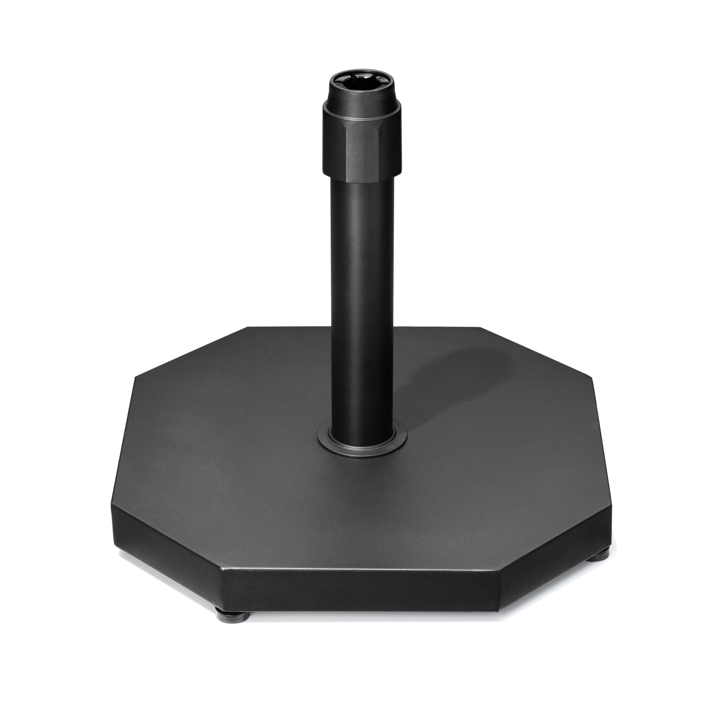 Black 40 lbs octagonal cement market umbrella base with powder-coated steel pole.