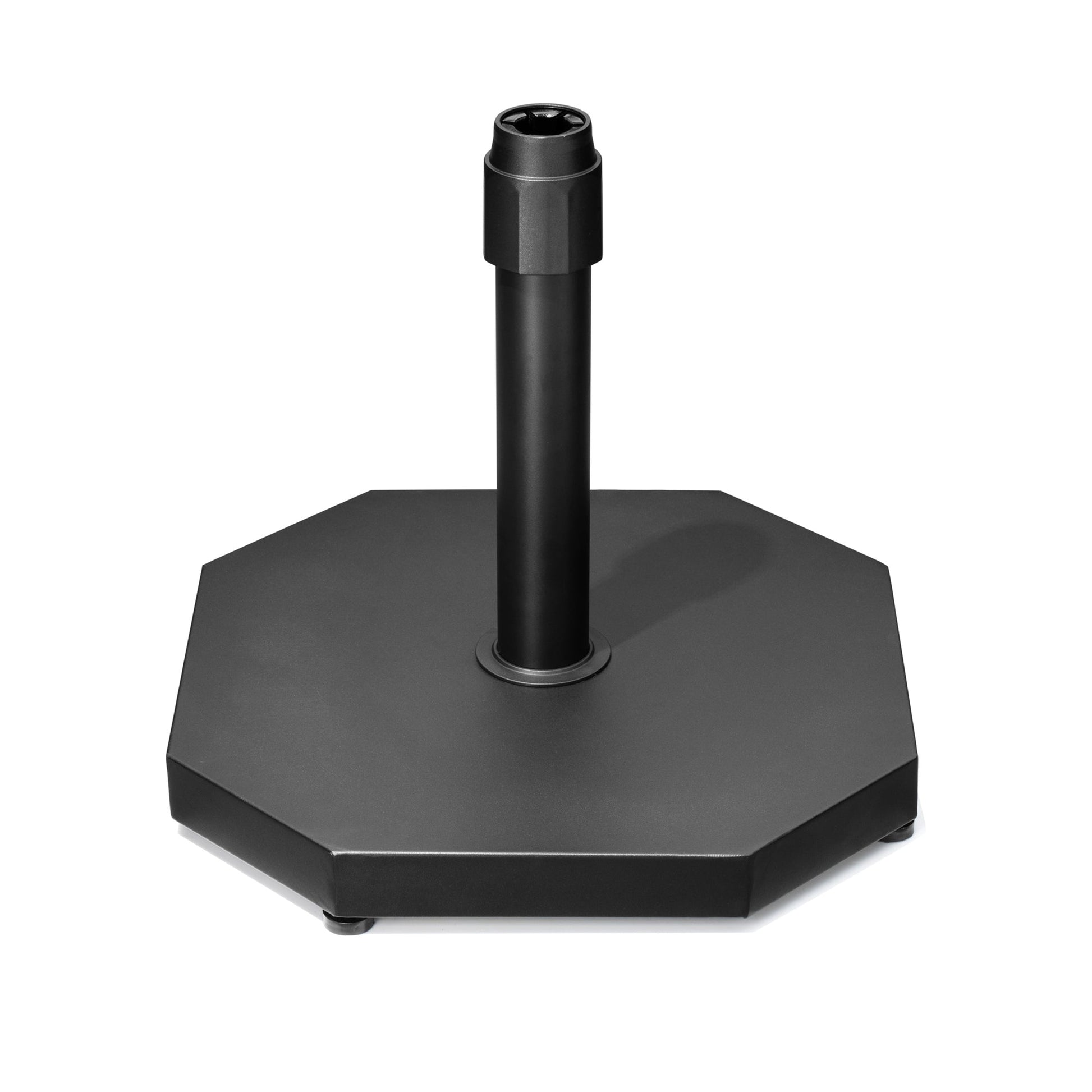 Black 40 lbs octagonal cement market umbrella base with powder-coated steel pole.