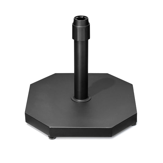 Black 40 lbs octagonal cement market umbrella base with powder-coated steel pole.