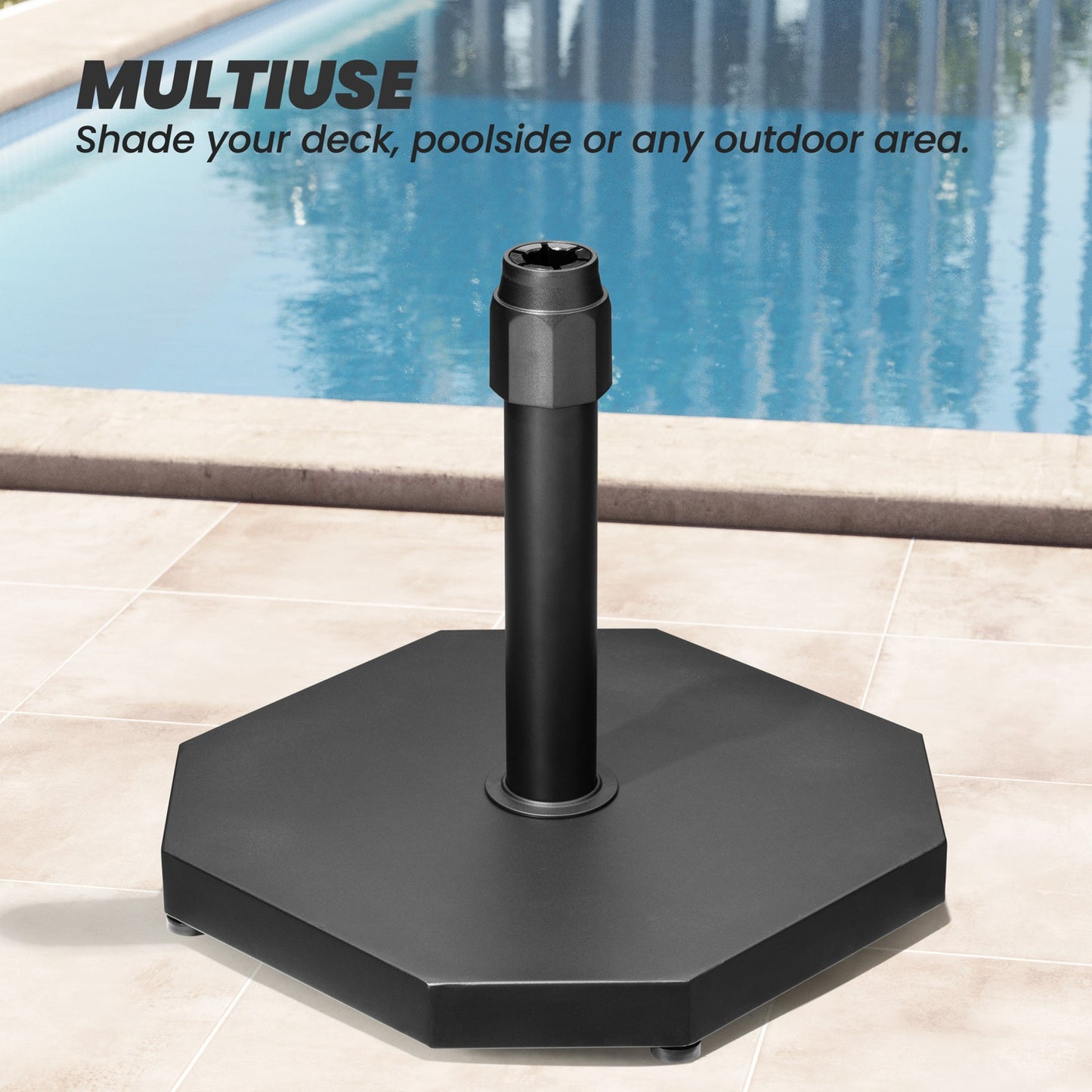 Multiuse 40 lbs black octagonal cement market umbrella base on a poolside patio.