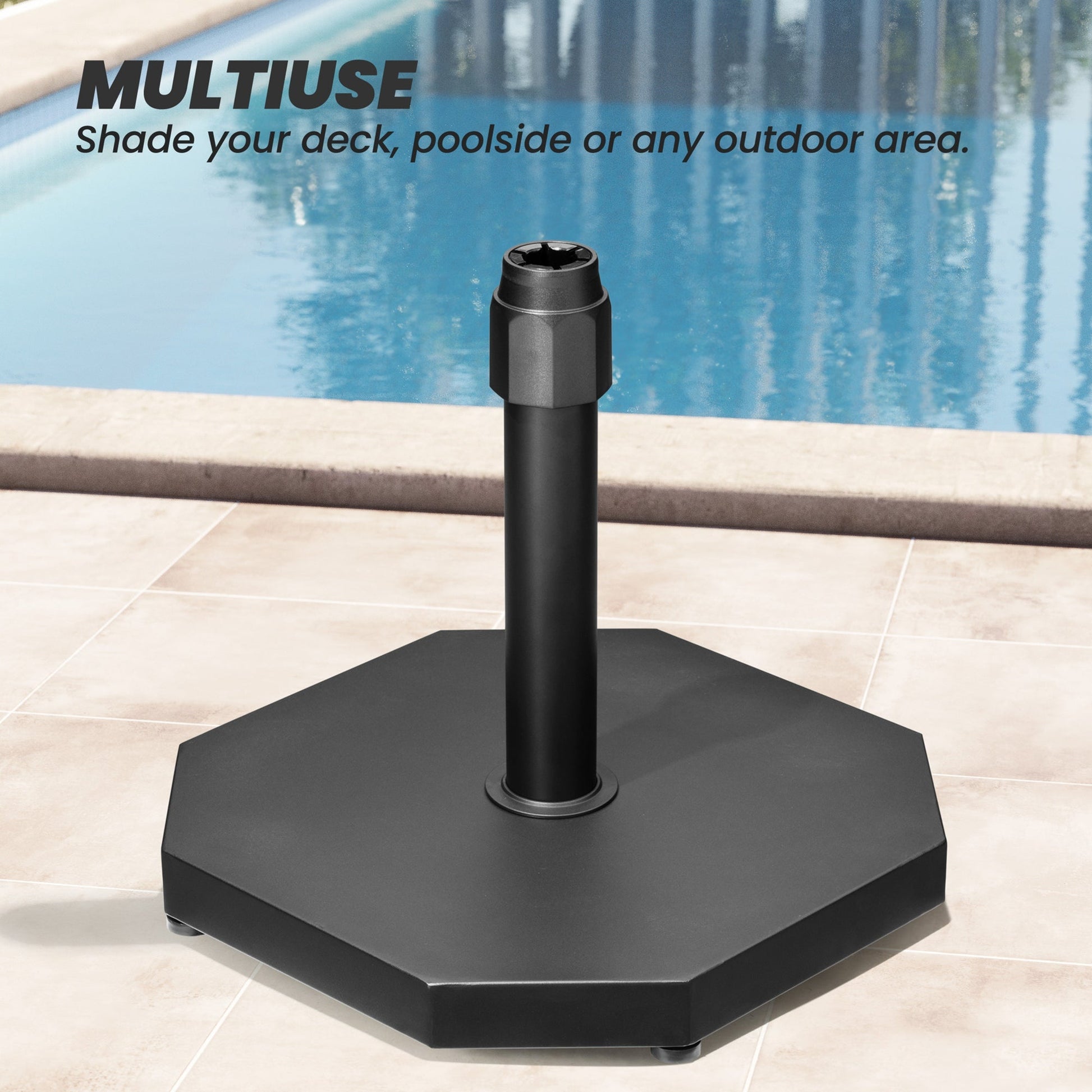 Multiuse 40 lbs black octagonal cement market umbrella base on a poolside patio.