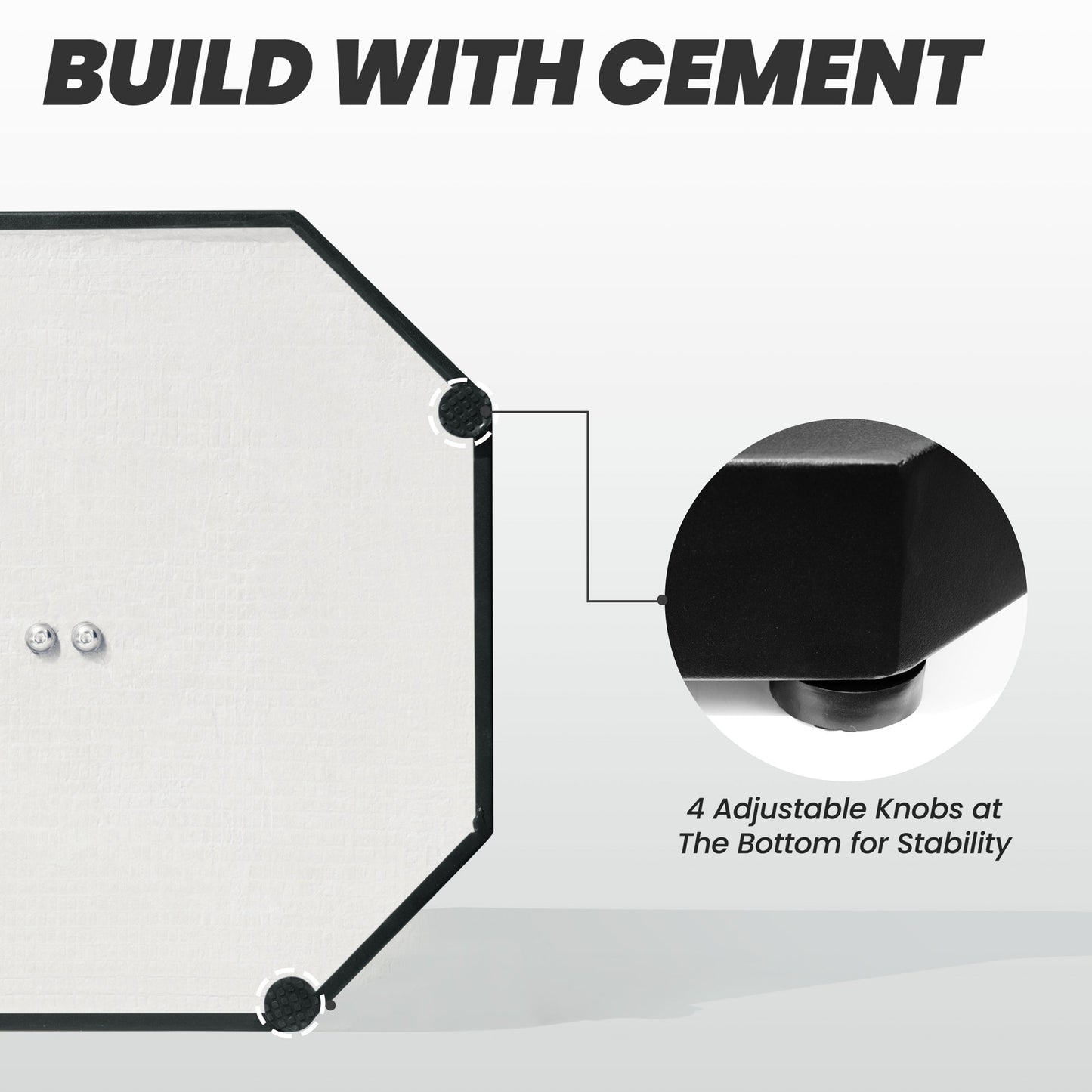 Bottom view of 40 lbs black cement market umbrella base showing 4 adjustable foot knobs for stability.