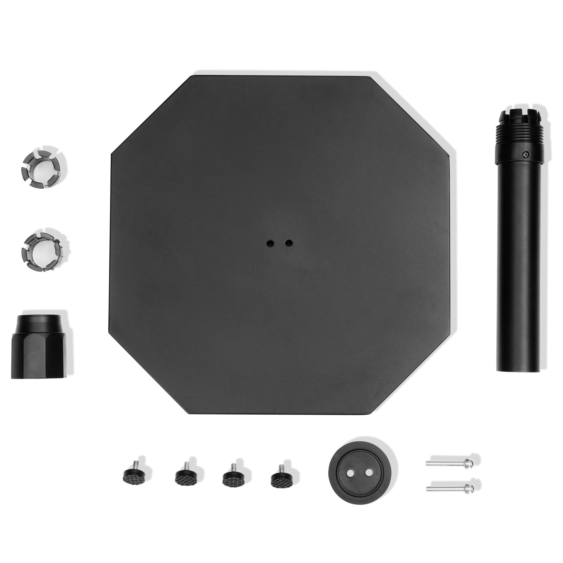 Disassembled parts of 40 lbs black octagonal cement market umbrella base with pole, caps, and hardware.