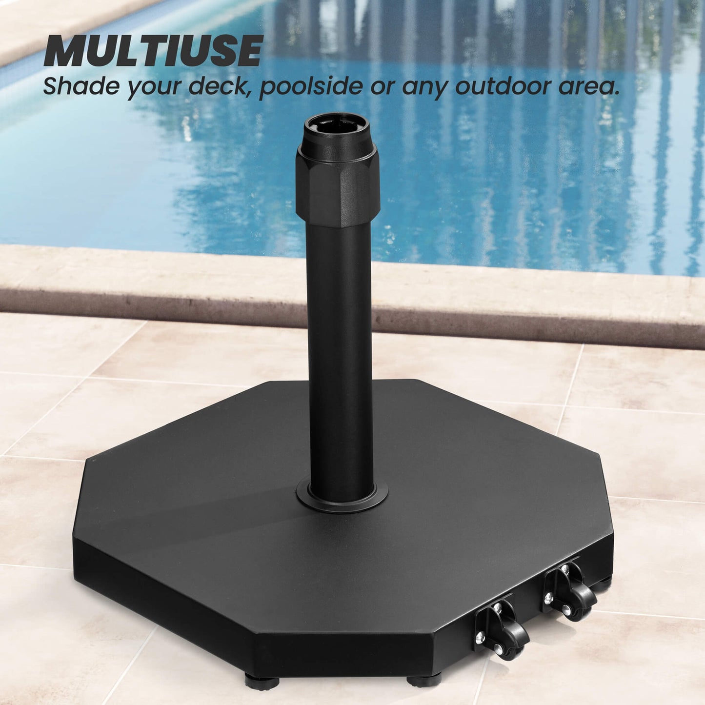 Multiuse 40 lbs black cement market umbrella base with wheels on a poolside patio deck.