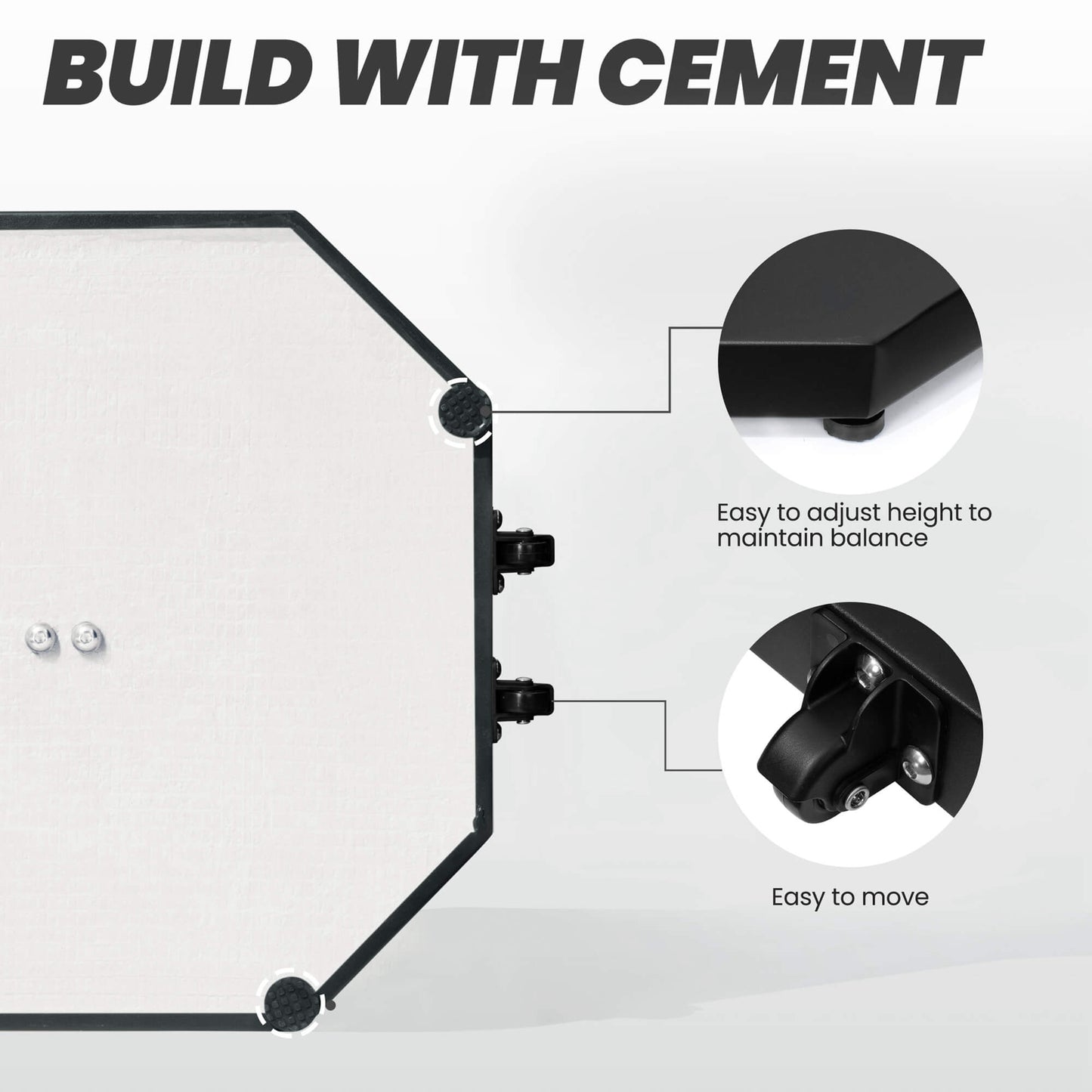 Heavy cement patio umbrella base with wheels. Showing caster wheel mobility and adjustable foot pad balance.