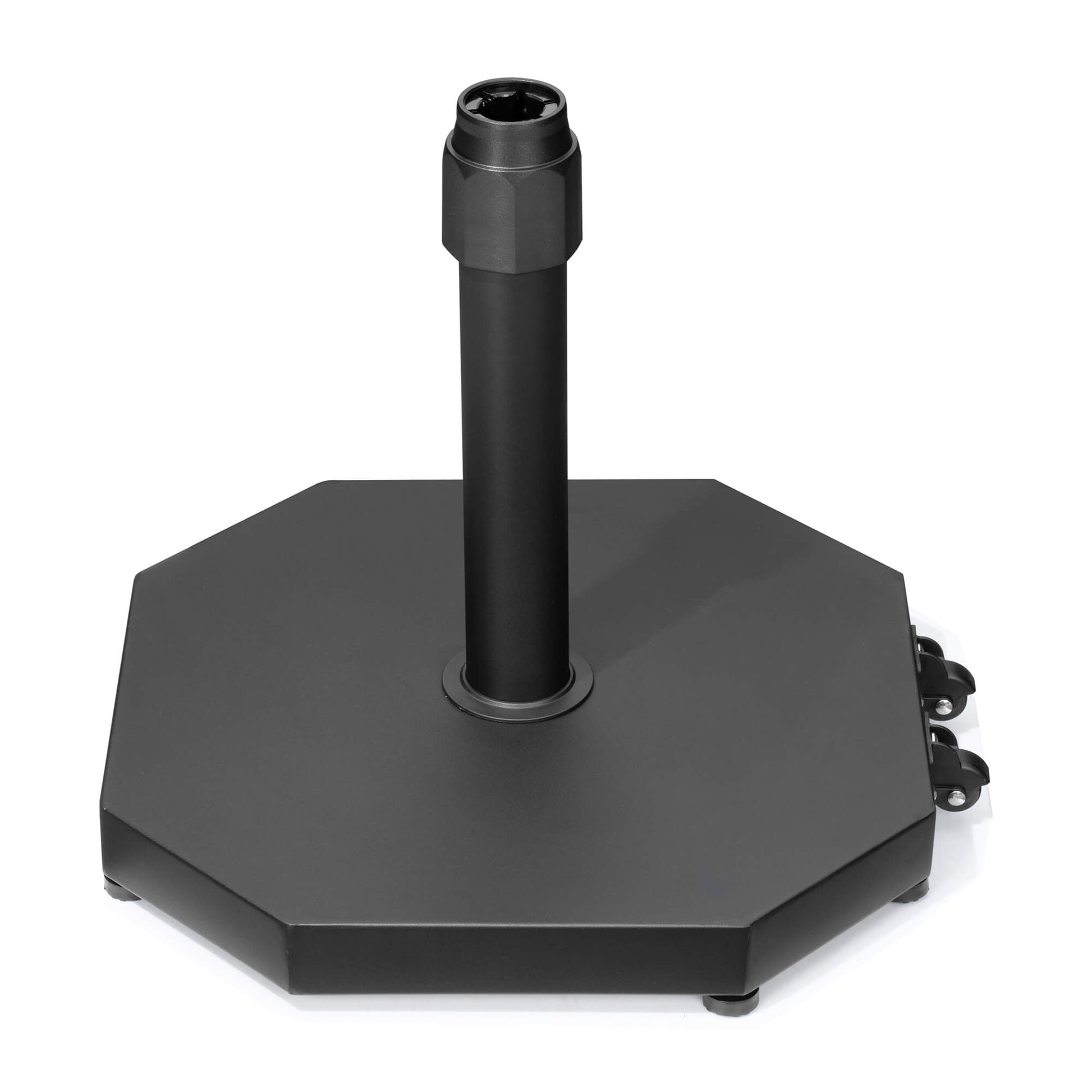 Black 40 lbs octagonal cement market umbrella base with powder-coated steel pole and wheels.