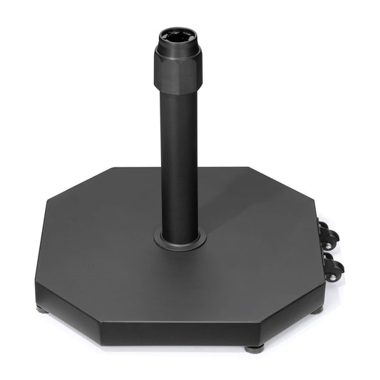 Black 40 lbs octagonal cement market umbrella base with powder-coated steel pole and wheels.