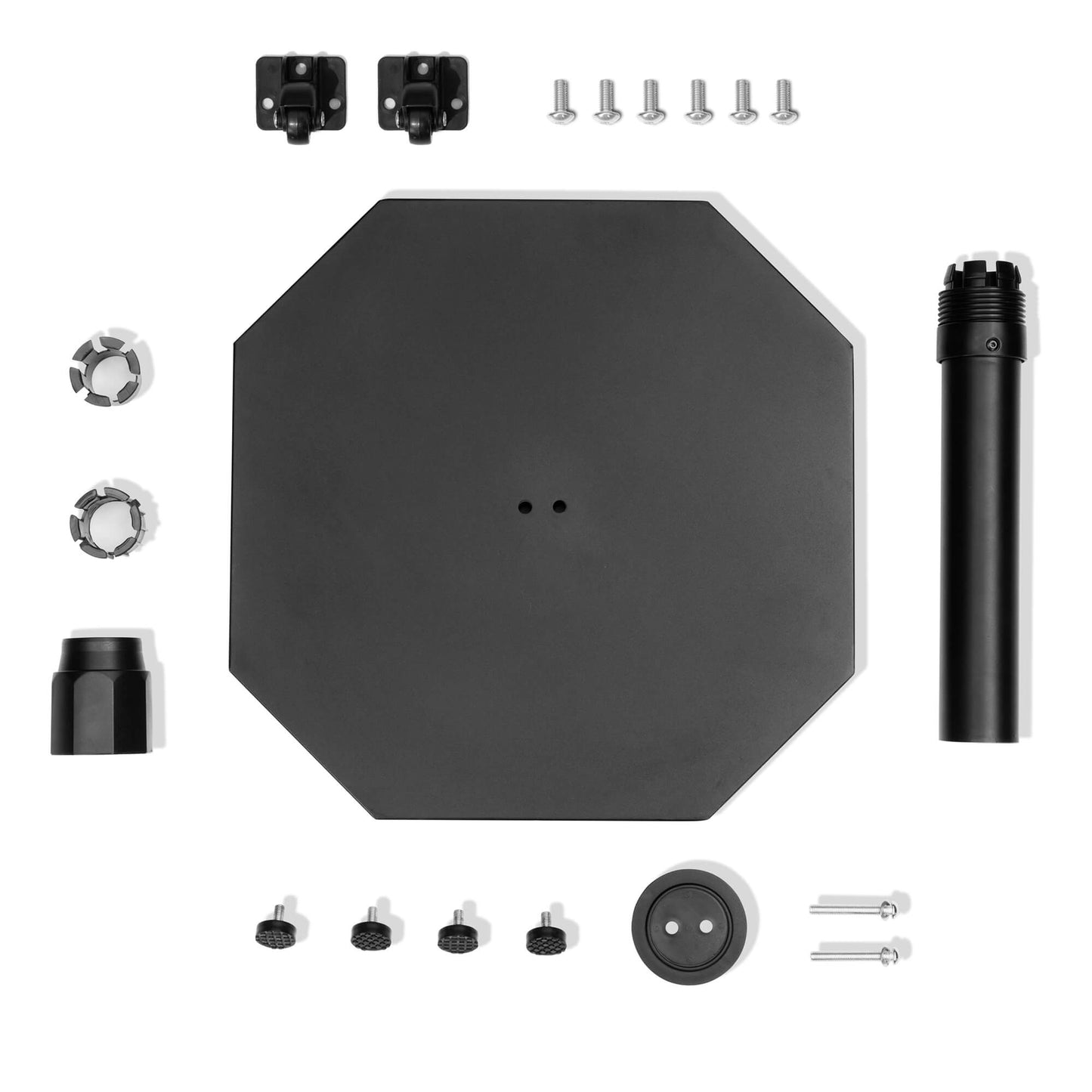 Disassembled parts of 40 lbs black octagonal cement market umbrella base with pole, wheels, and hardware.