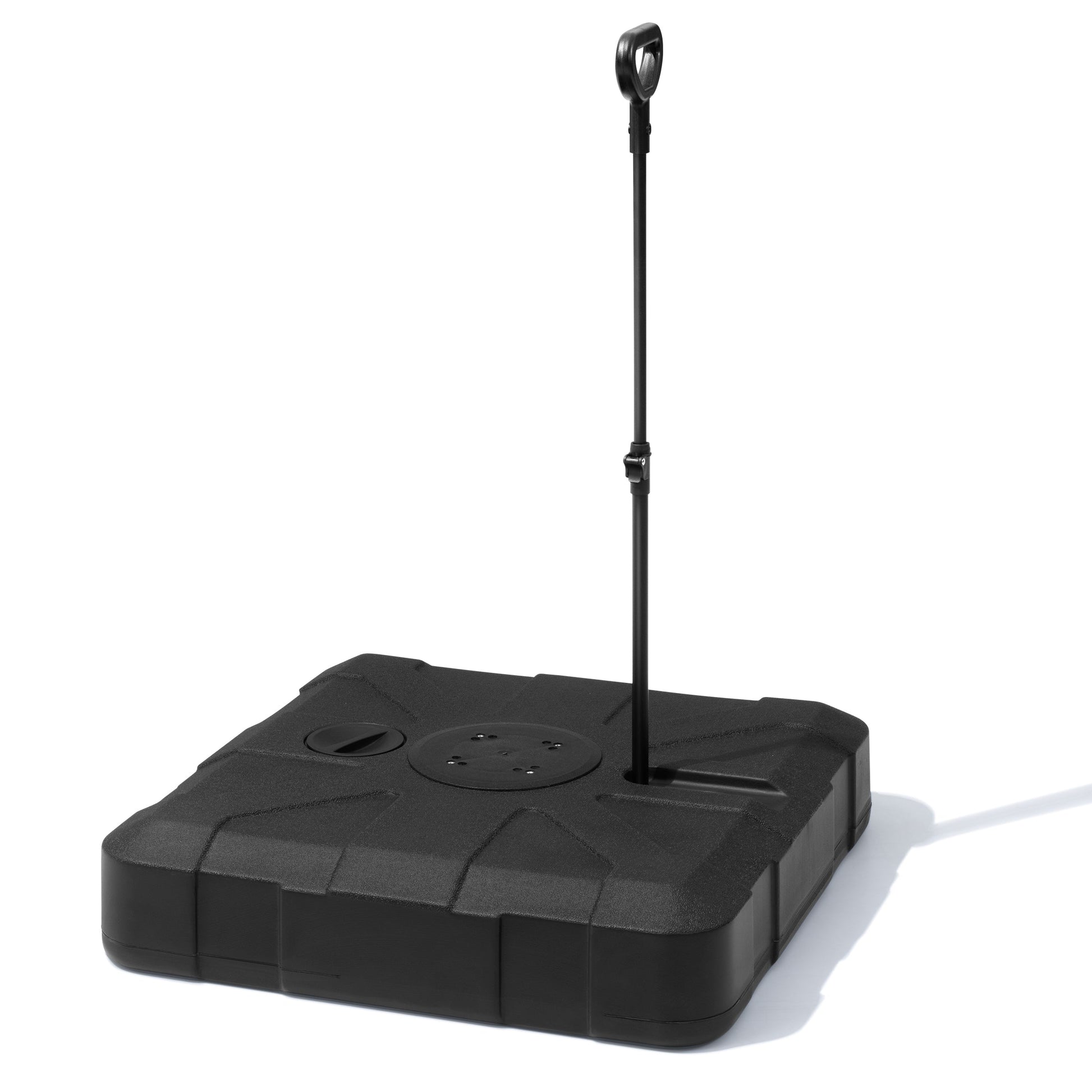 Heavy-duty black fillable patio umbrella base with wheels and extendable metal handle.