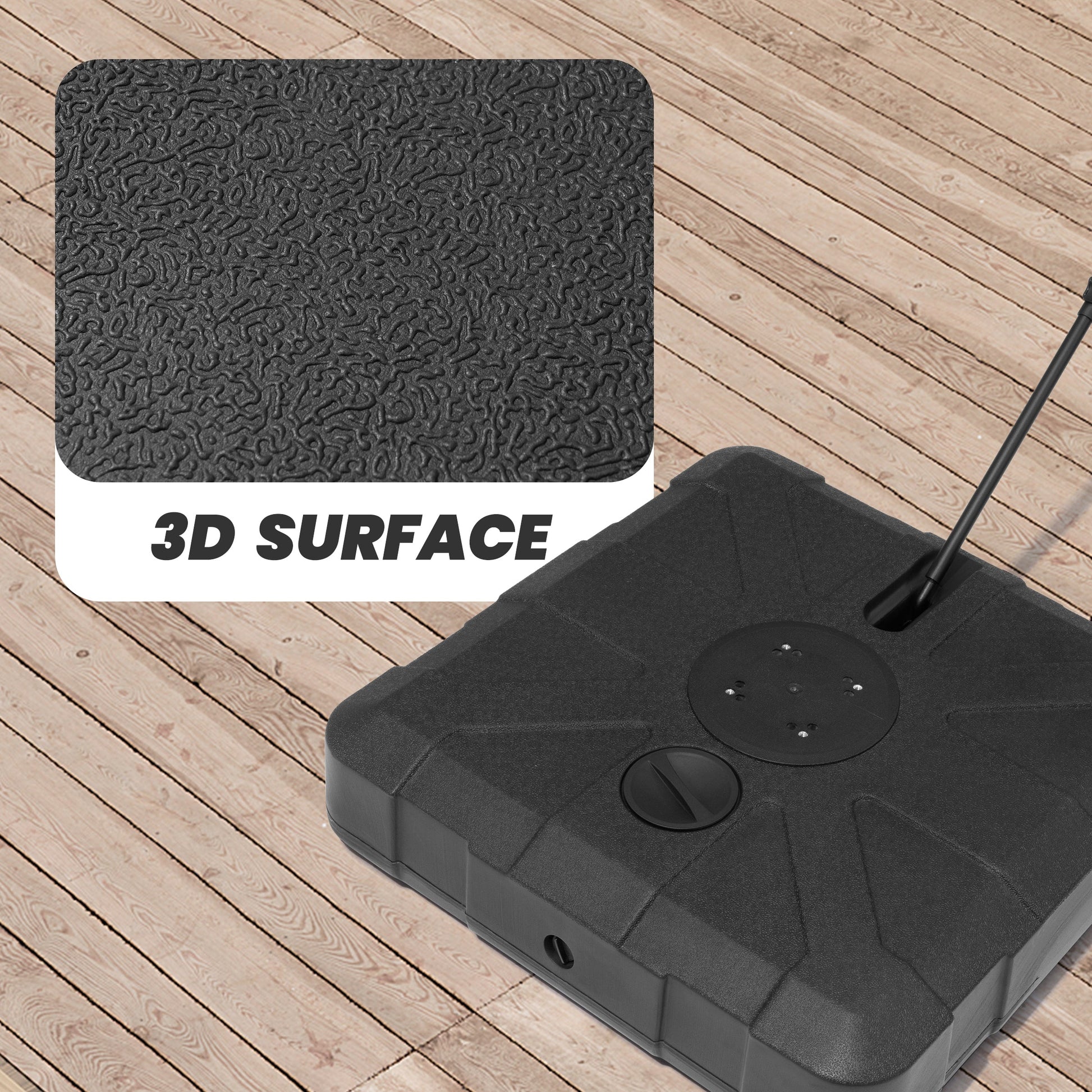Black HDPE fillable patio umbrella base featuring a 3D textured surface and metal handle.