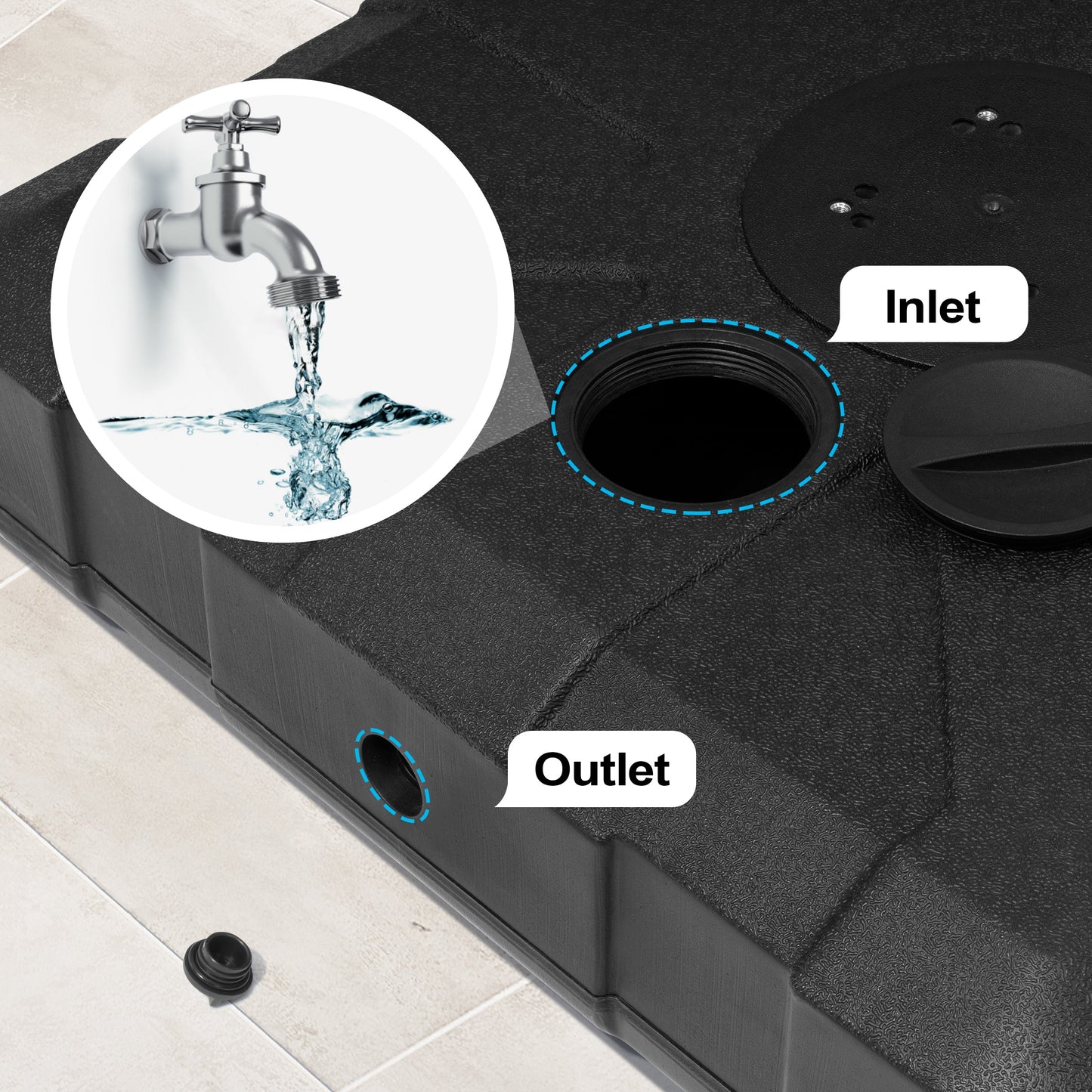 Heavy-duty black fillable umbrella base showing top water inlet and side drainage outlet.