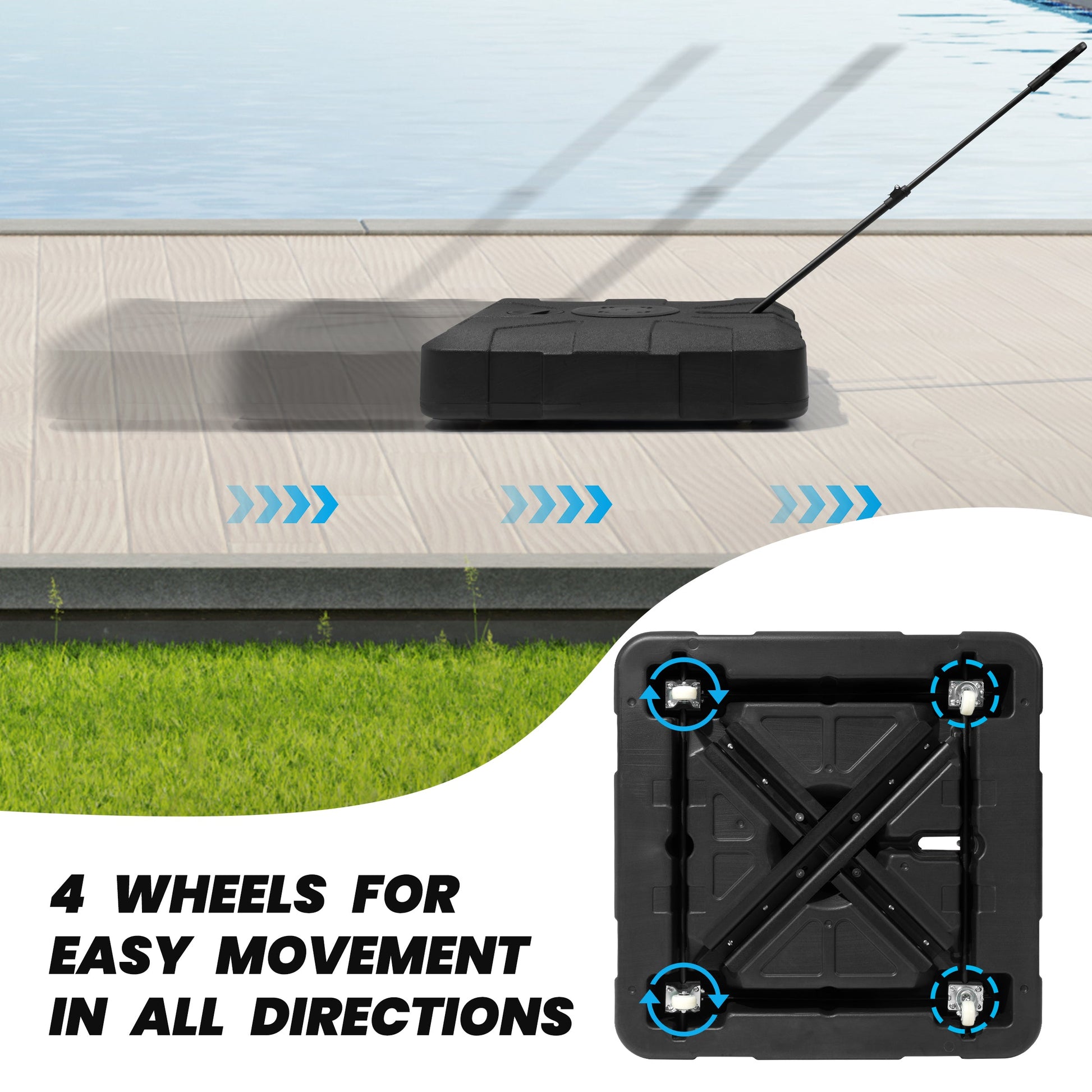 Heavy-duty fillable patio umbrella base with metal handle and 4 wheels for easy movement.