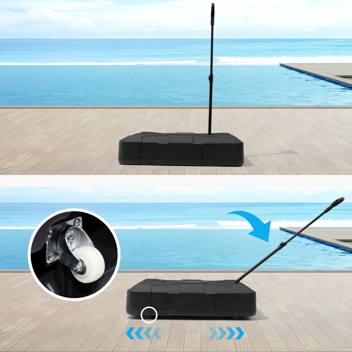 Black fillable patio umbrella base tilted via metal handle to easily roll on bottom wheels.
