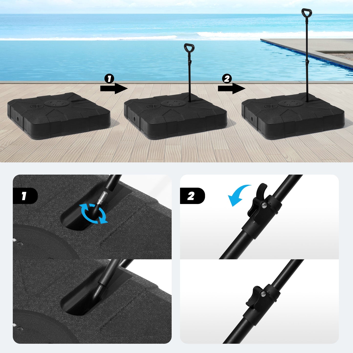 2-step installation and extension of the metal handle on the black fillable patio umbrella base.