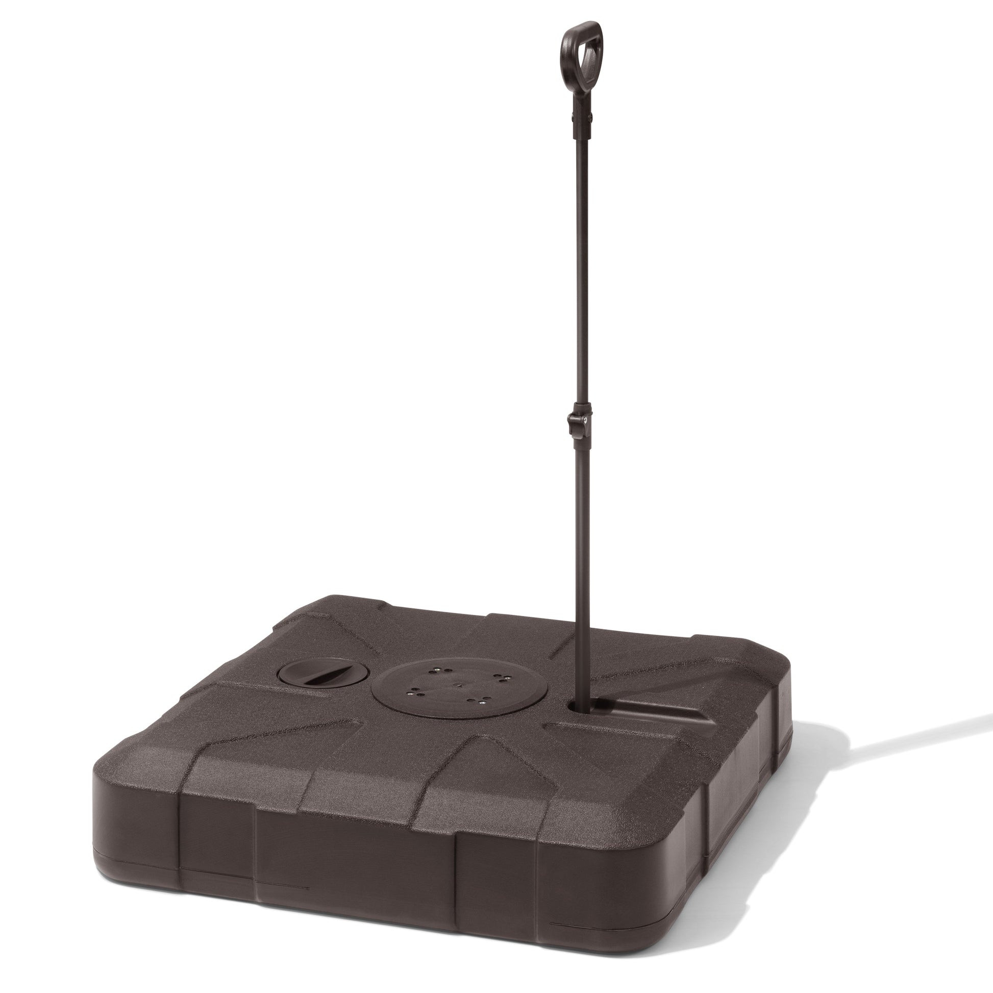 Heavy-duty brown fillable patio umbrella base with wheels and extendable metal handle.