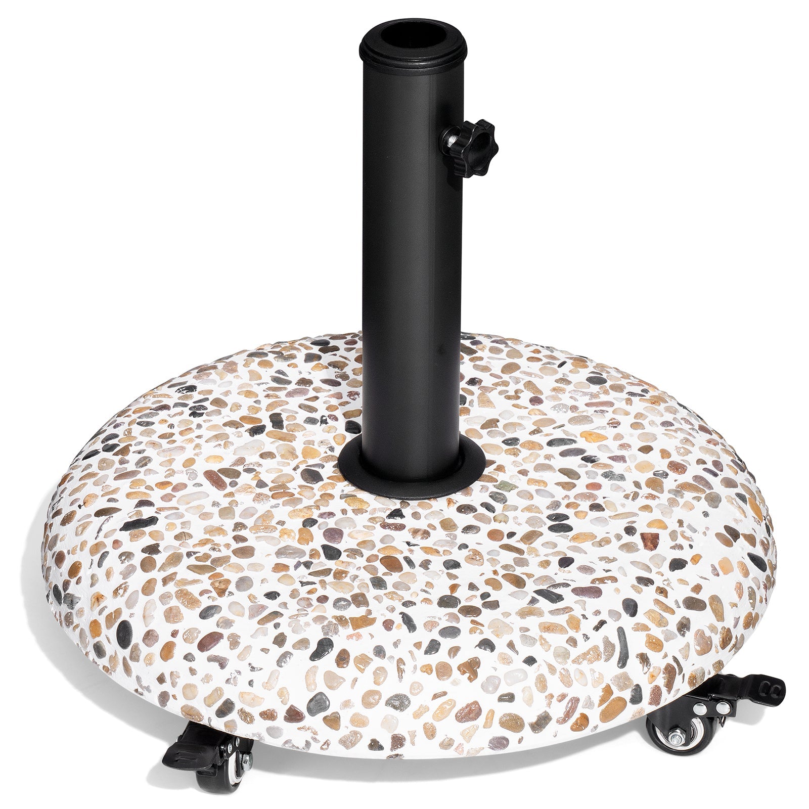 Round 45 lbs concrete cobble patio umbrella base with swivel wheels and adjustable knob.