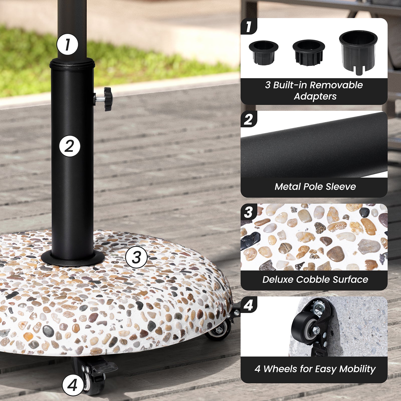 Round 45 lbs concrete cobble patio umbrella base with 4 wheels, showing easy mobility on a garden patio.