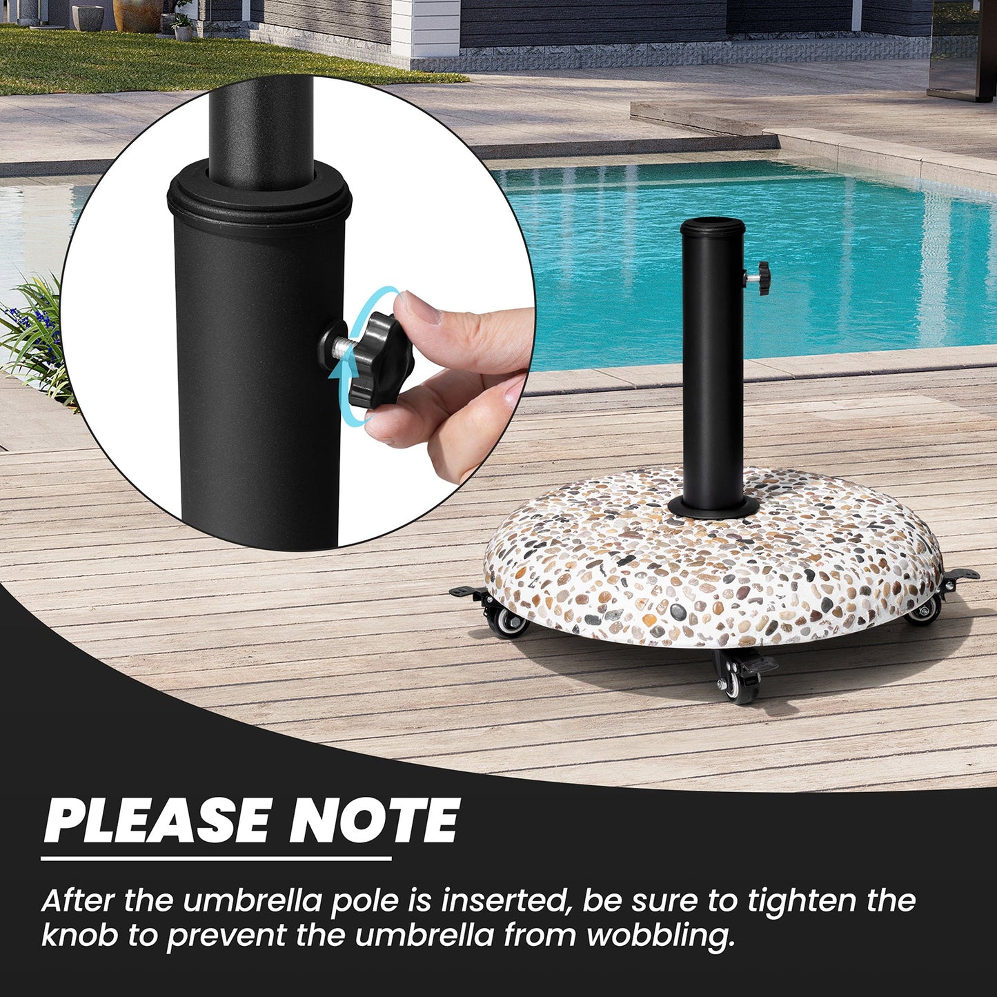 Round 45 lbs concrete cobble patio umbrella base with wheels, hand tightening the securing knob.