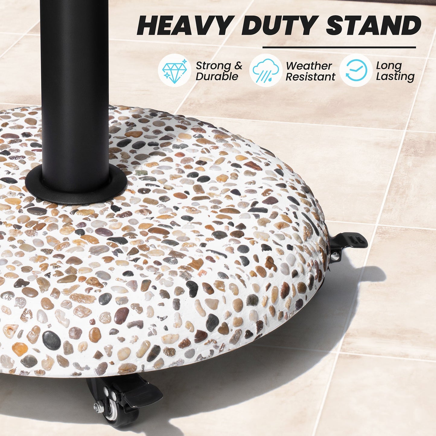 Round 45 lbs concrete cobble patio umbrella base with wheels, durable and weather-resistant heavy duty stand.