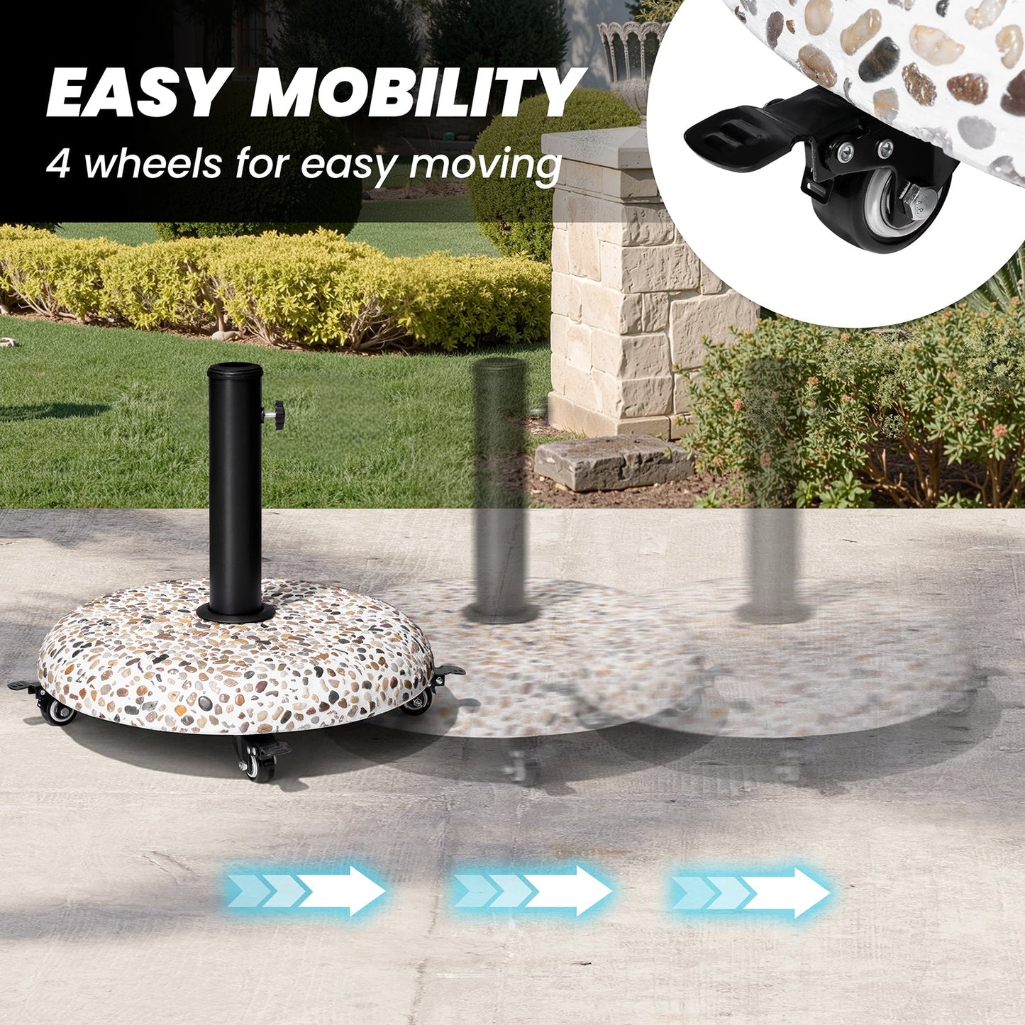 Round 45 lbs concrete cobble patio umbrella base with 4 wheels, showing easy mobility on a garden patio.