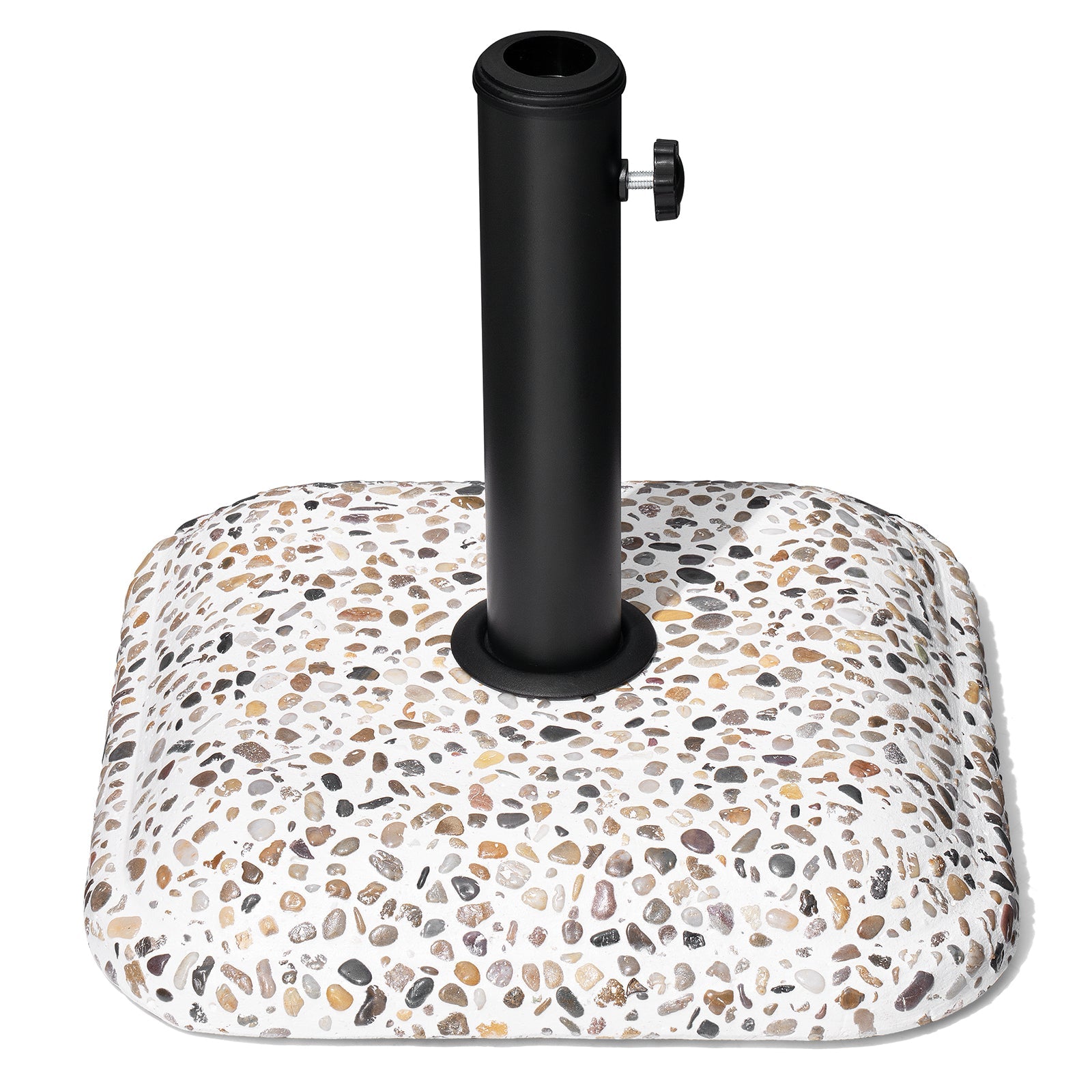 45 lbs heavy duty cobble cement patio umbrella base with a sleek black metal pole.