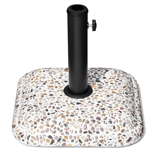45 lbs heavy duty cobble cement patio umbrella base with a sleek black metal pole.