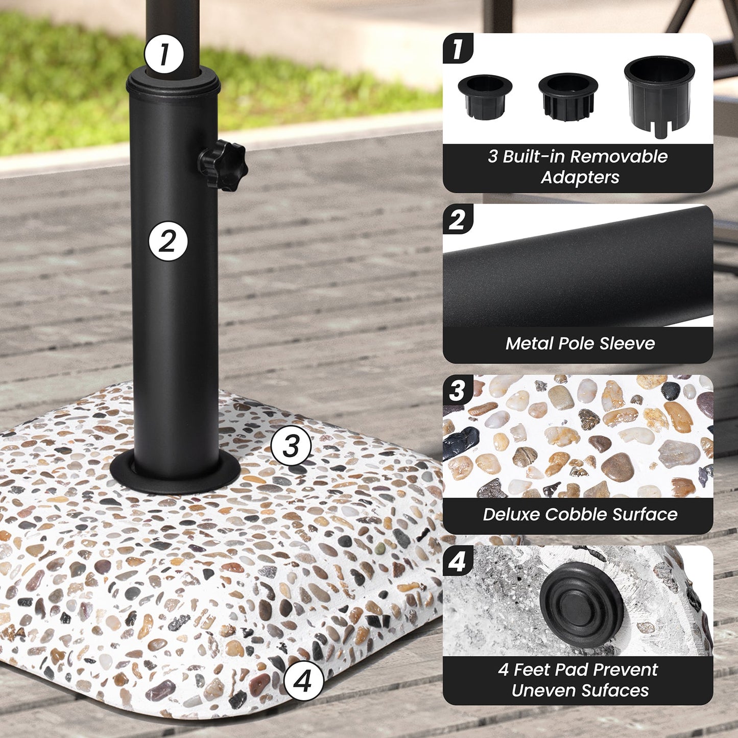 Details of 45 lbs cobble cement patio umbrella base with adapters and metal pole sleeve, without wheels.