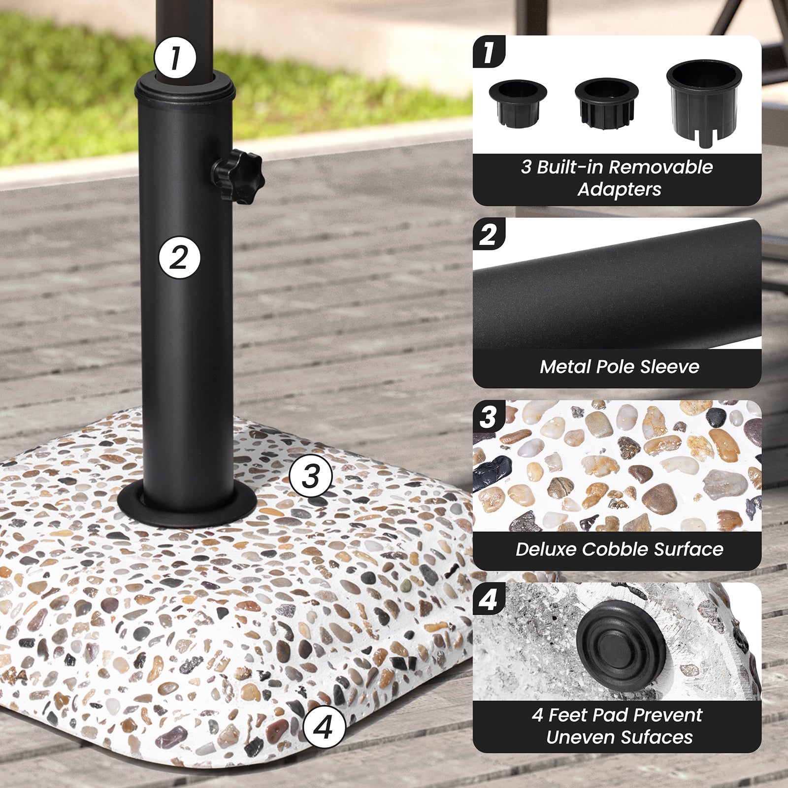 Details of 45 lbs cobble cement patio umbrella base with adapters and metal pole sleeve, without wheels.