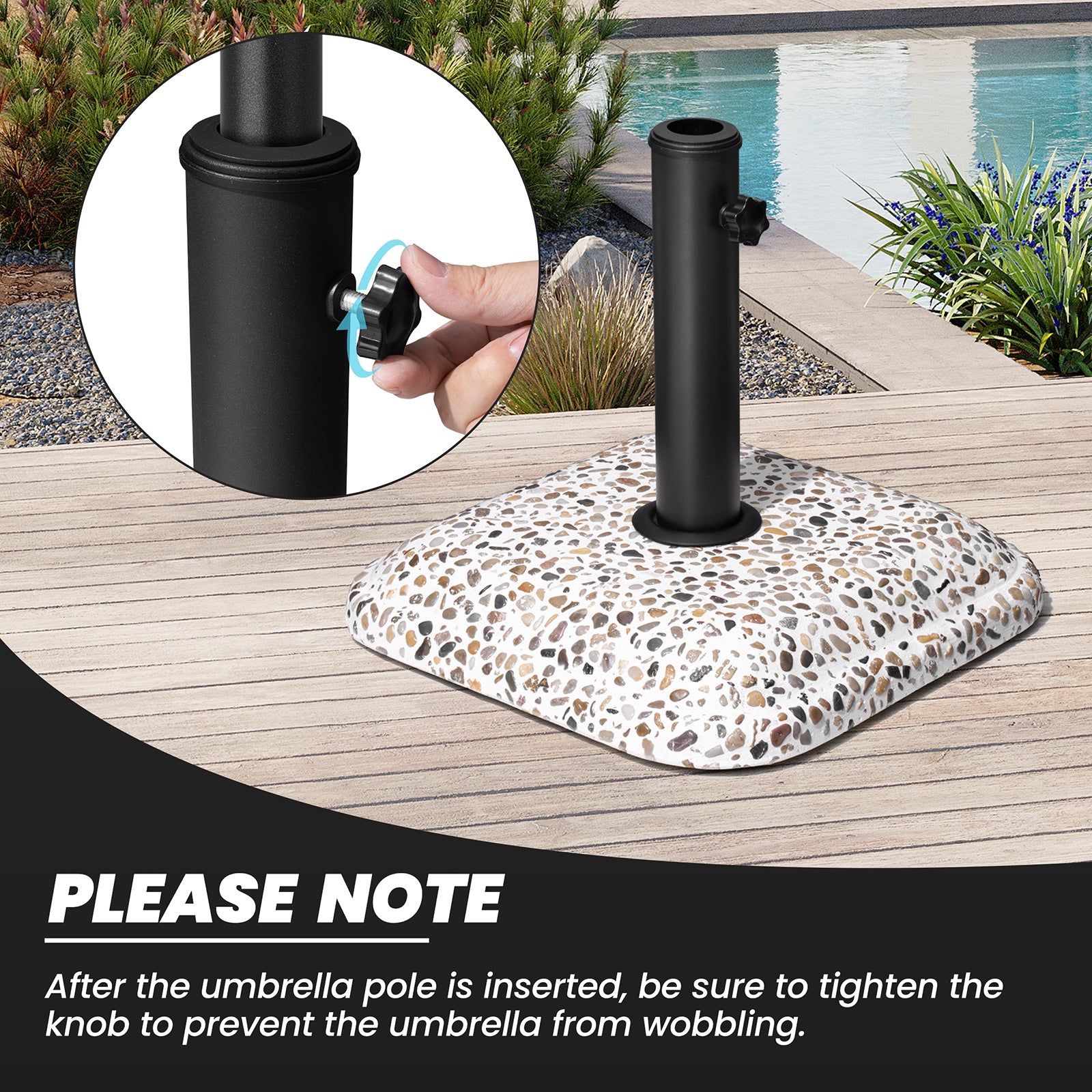 Tightening the securing knob on the 45 lbs cobble cement patio umbrella base without wheels.
