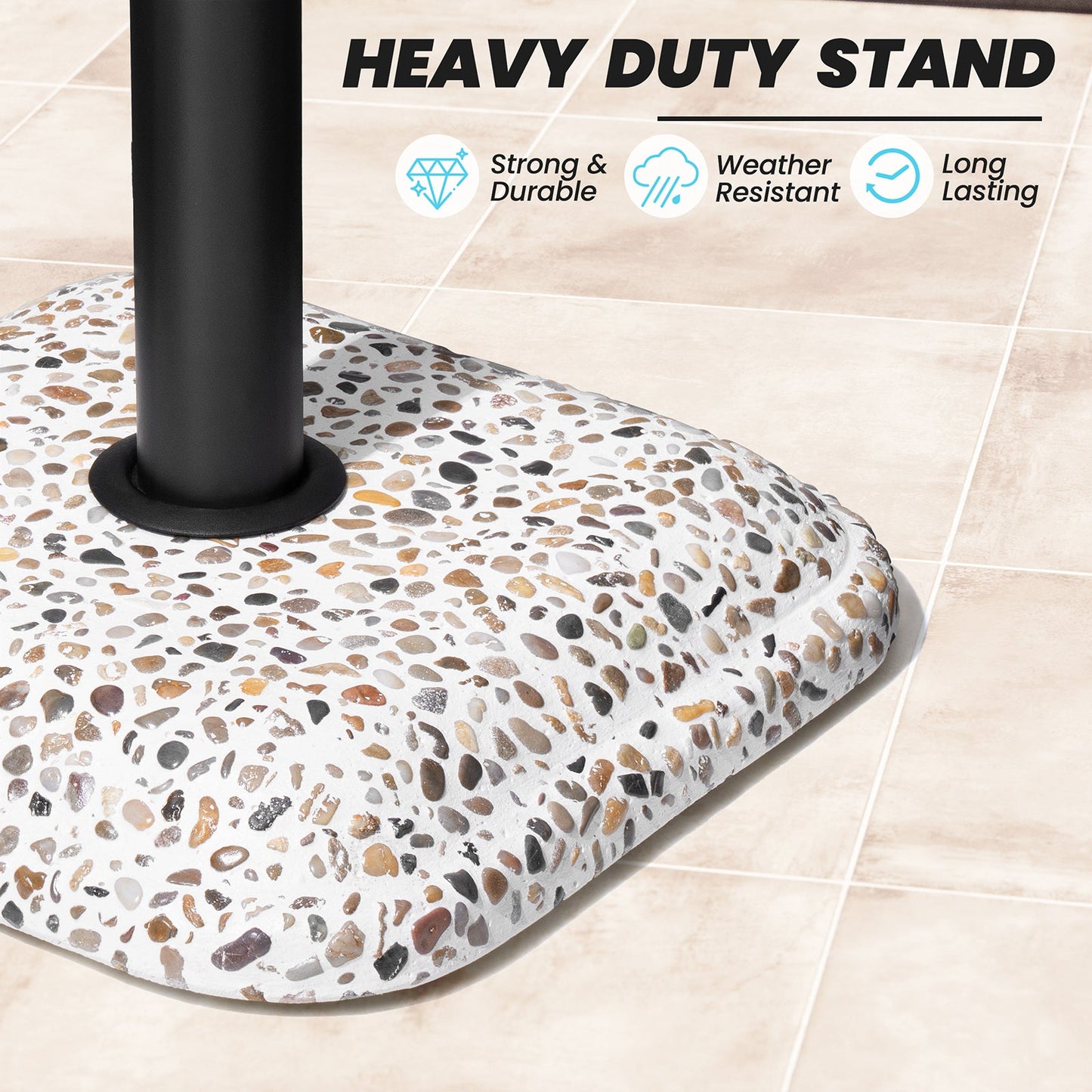 45 lbs heavy-duty cobble cement patio umbrella base without wheels, strong and weather-resistant.