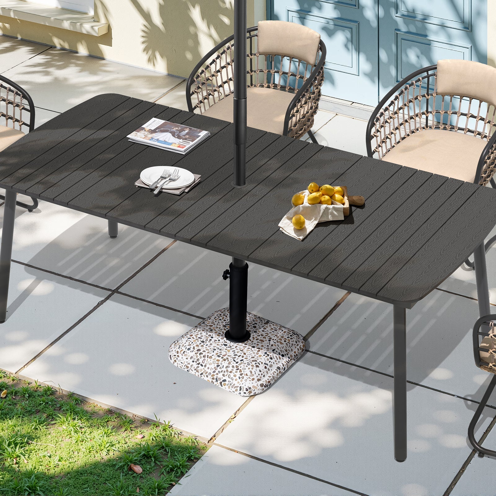 Size details of 45 lbs cobble cement patio umbrella base without wheels, 15.6in wide, fits 1.46-2.04in poles.