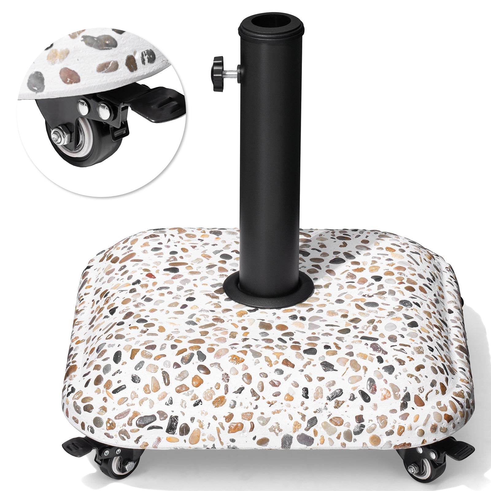 45 lbs cobble cement patio umbrella base featuring a black pole and 4 locking wheels.