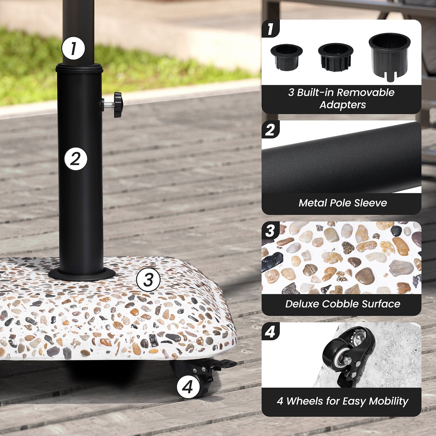 Details of 45 lbs cobble cement patio umbrella base with adapters, metal pole sleeve, and 4 wheels.