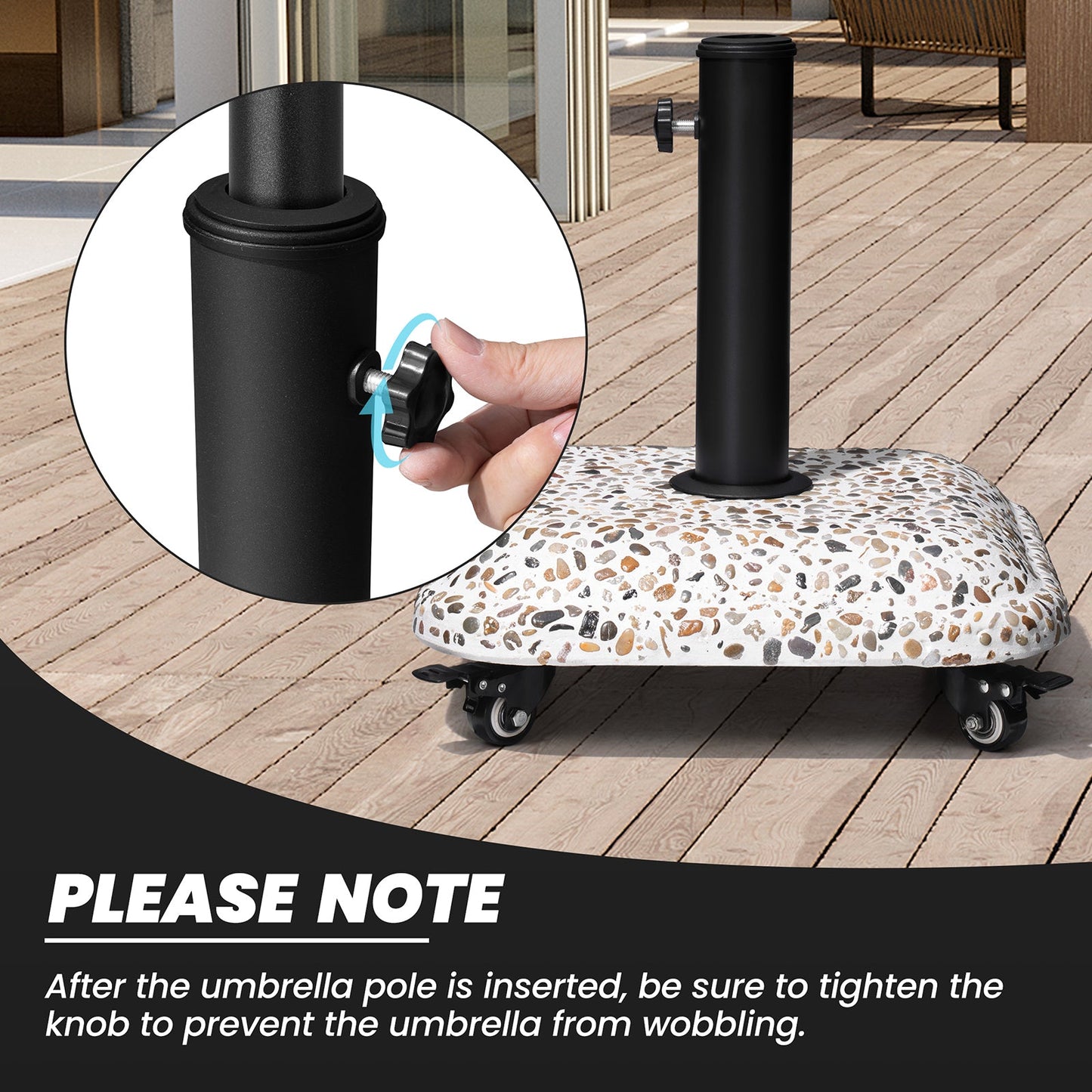 Tightening the securing knob on the 45 lbs cobble cement patio umbrella base with wheels.