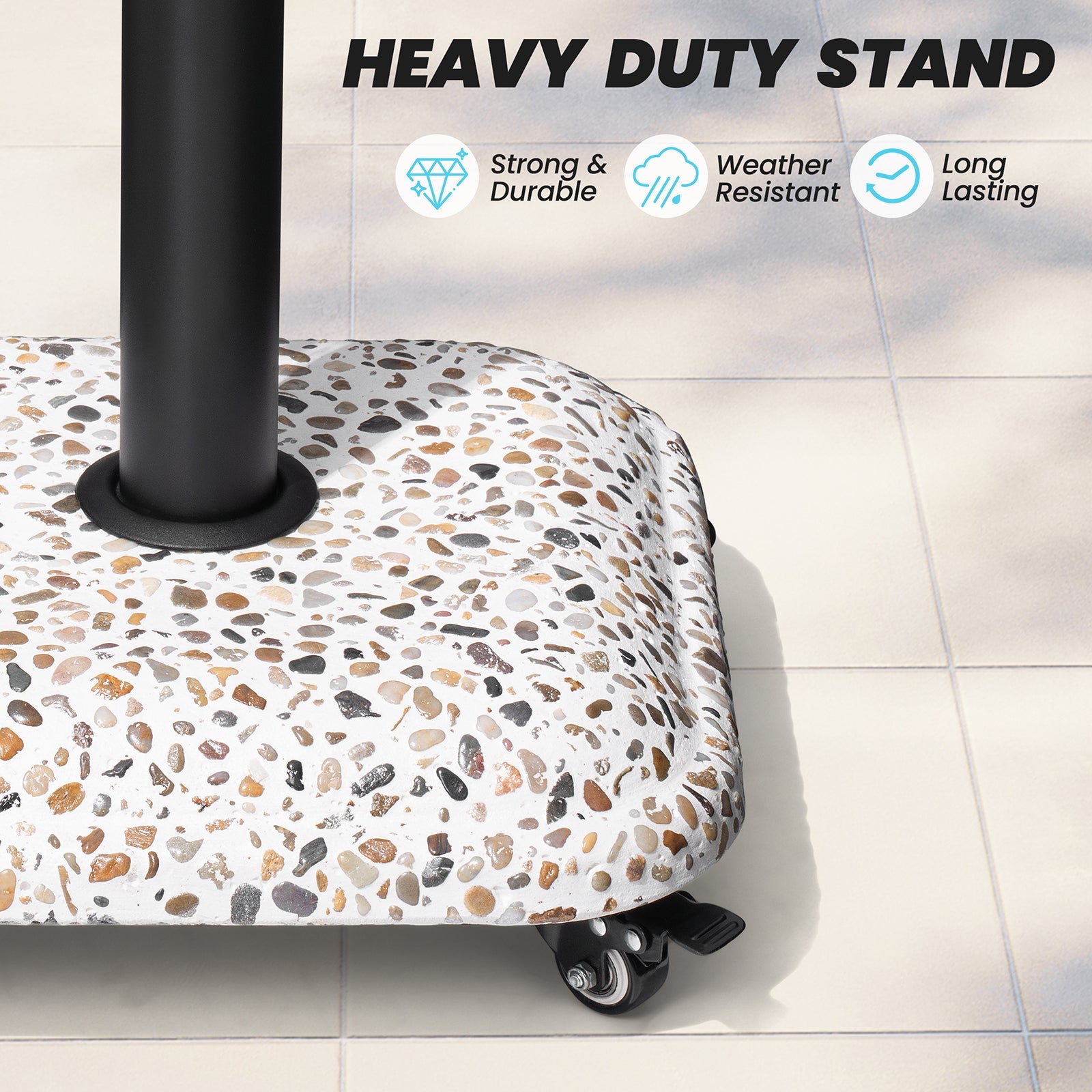 45 lbs heavy-duty cobble cement patio umbrella base with locking wheels, strong and weather-resistant.