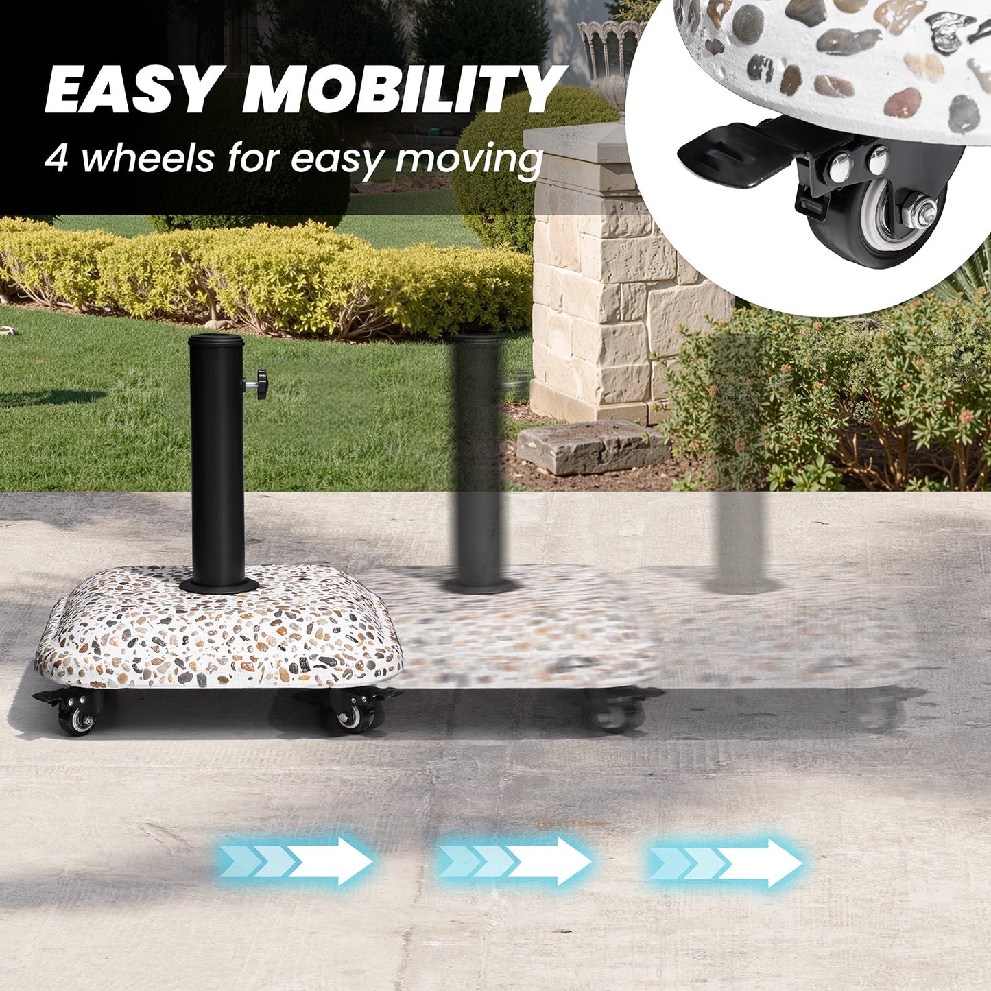 45 lbs cobble cement patio umbrella base rolling easily on a patio using 4 wheels.